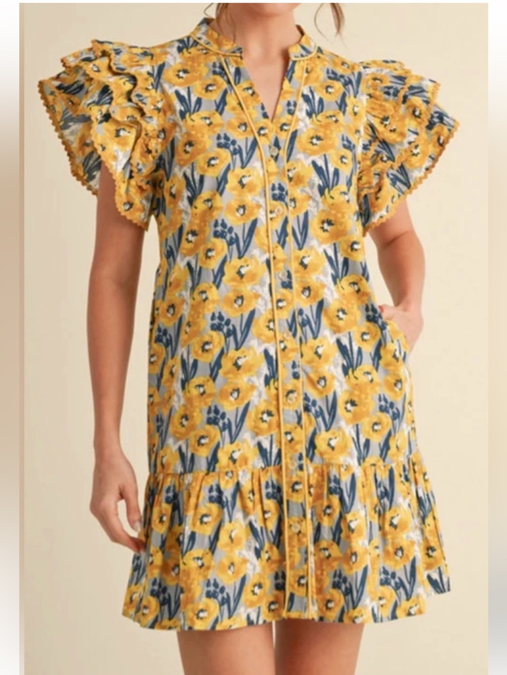 JODIFL Floral RIK RAK ruffle sleeve piping MINI DRESS vintage look MEDIUM